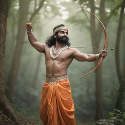 A divine image of Shree Ram, depicted in traditional attire with a bow and arrow, against a backdrop of a peaceful forest setting.