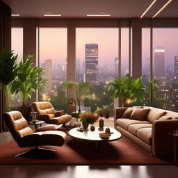 Photorealistic design of a luxurious, modern living room with an urban view, vibrant lush indoor plants, sleek furniture, and warm inviting lighting.