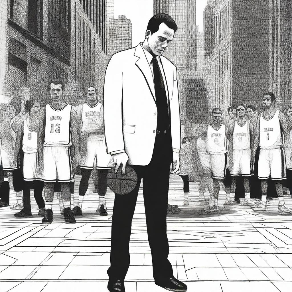 Create a dramatic basketball scene centered on Will Arnet, dressed in white, looking down at a basketball