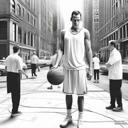 Create a dramatic basketball scene centered on Will Arnet, dressed in white, looking down at a basketball