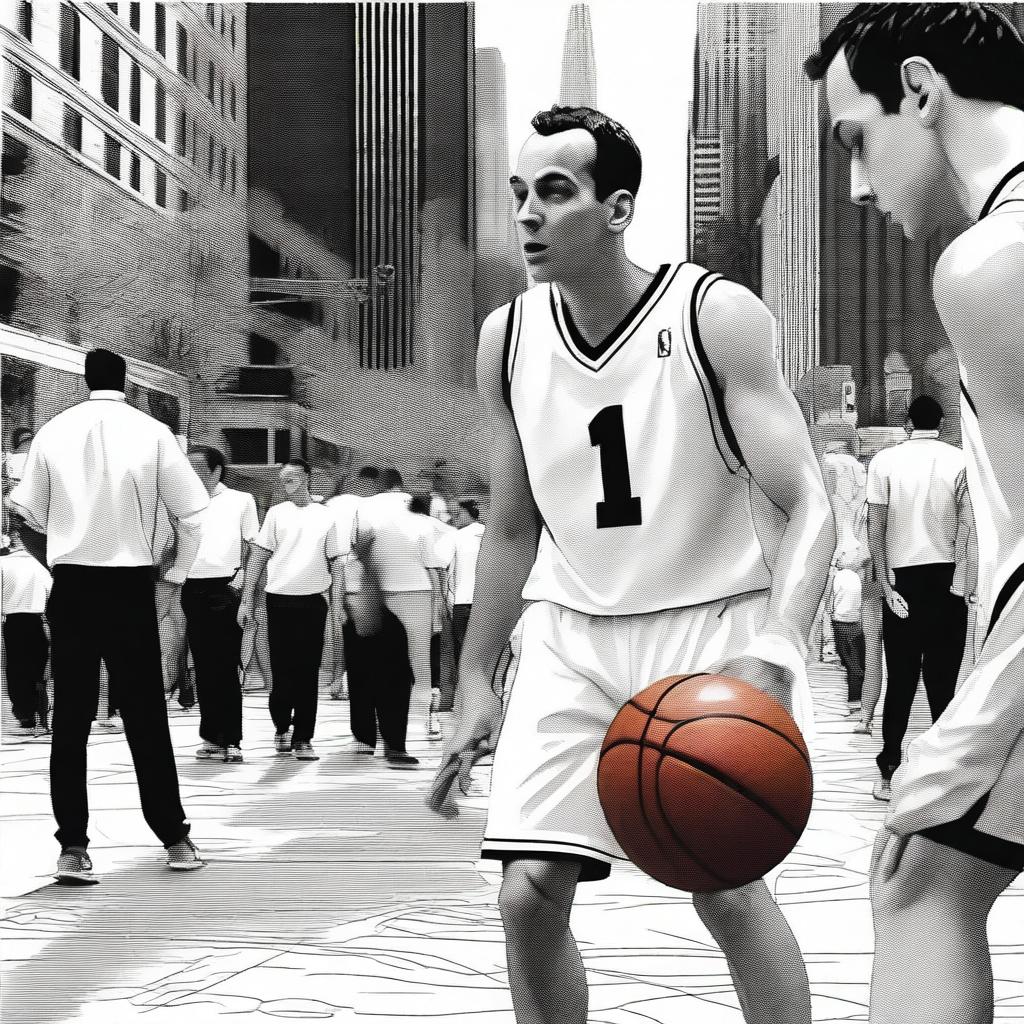 Create a dramatic basketball scene centered on Will Arnet, dressed in white, looking down at a basketball