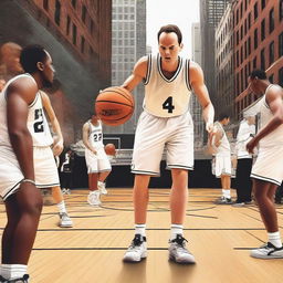 Create a dramatic basketball scene centered on Will Arnet, dressed in white, looking down at a basketball