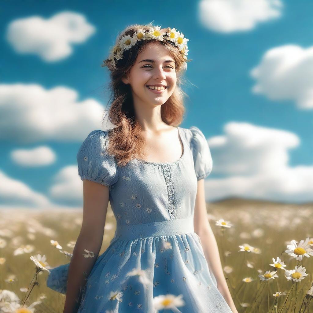 Generate an image of a girl standing in a field of flowers