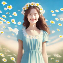 Generate an image of a girl standing in a field of flowers