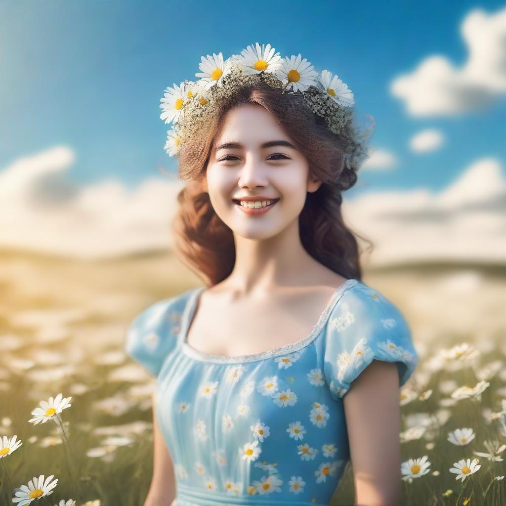 Generate an image of a girl standing in a field of flowers