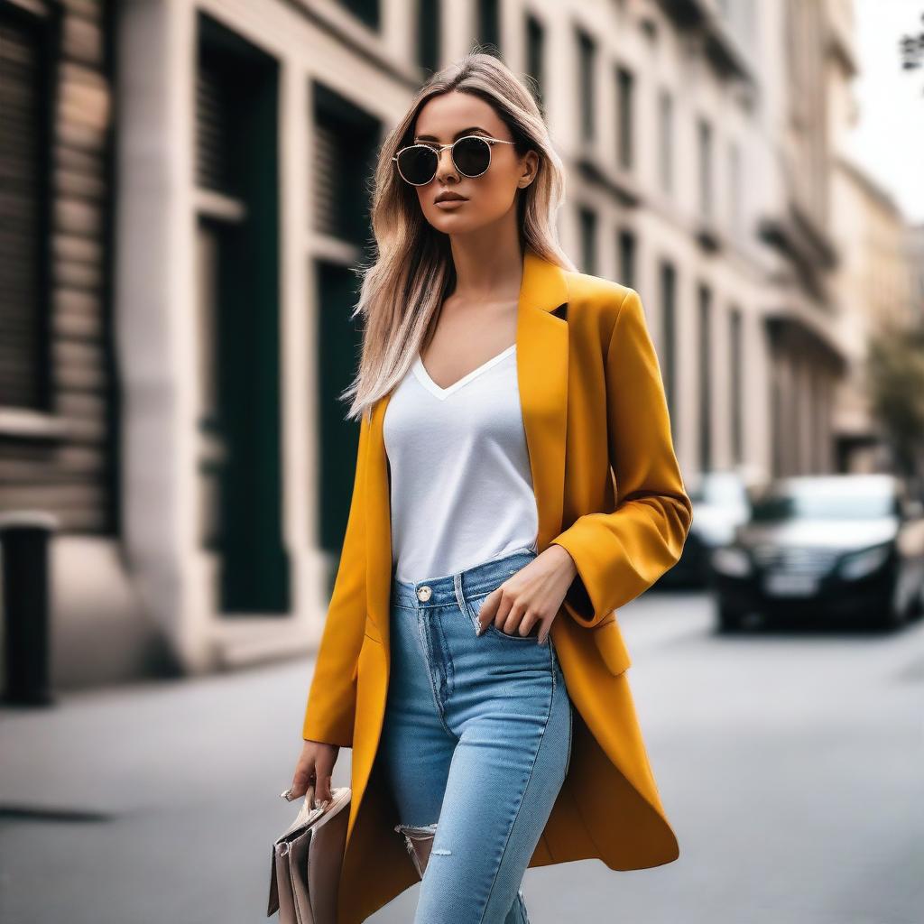 Generate an image of a stylish and attractive girl walking down a city street in a trendy outfit and sunglasses.