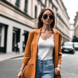 Generate an image of a stylish and attractive girl walking down a city street in a trendy outfit and sunglasses.