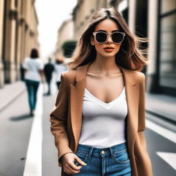 Generate an image of a stylish and attractive girl walking down a city street in a trendy outfit and sunglasses.