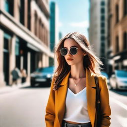 Generate an image of a stylish and attractive girl walking down a city street in a trendy outfit and sunglasses.