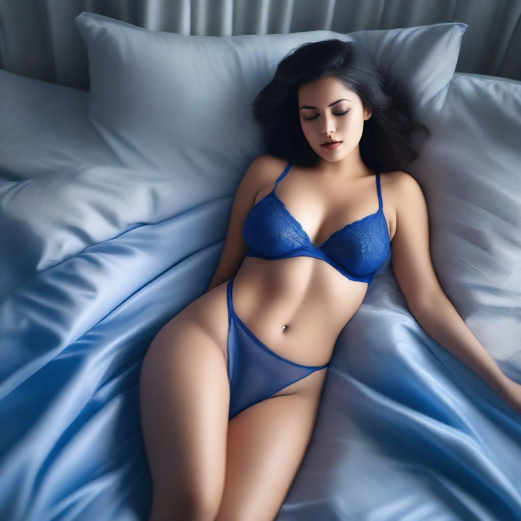 Generate an image of a voluptuous woman in sexy blue transparent underwear lying in bed, covered with a sheet up to her waist in a softly lit room