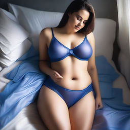 Generate an image of a voluptuous woman in sexy blue transparent underwear lying in bed, covered with a sheet up to her waist in a softly lit room