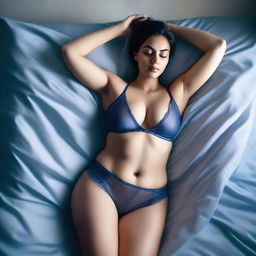 Generate an image of a voluptuous woman in sexy blue transparent underwear lying in bed, covered with a sheet up to her waist in a softly lit room