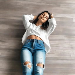 Create an image of a woman laying back, showing her fashionable outfit with a focus on her jeans