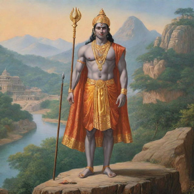 A historically accurate depiction of Shree Ram, dressed in traditional attire from the Ramayana period, set amidst an ancient Indian landscape.