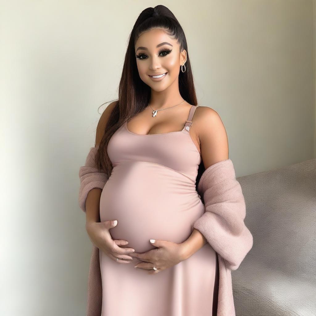 Ariana Grande in a fashionable maternity outfit, radiating with the glow of an expecting mother