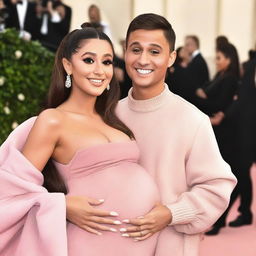 Ariana Grande in a fashionable maternity outfit, radiating with the glow of an expecting mother