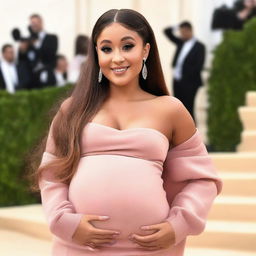 Ariana Grande in a fashionable maternity outfit, radiating with the glow of an expecting mother