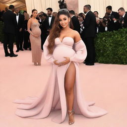 Ariana Grande in a fashionable maternity outfit, radiating with the glow of an expecting mother