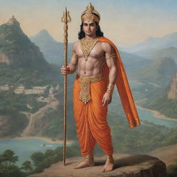 A historically accurate depiction of Shree Ram, dressed in traditional attire from the Ramayana period, set amidst an ancient Indian landscape.