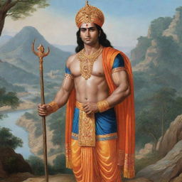 A historically accurate depiction of Shree Ram, dressed in traditional attire from the Ramayana period, set amidst an ancient Indian landscape.