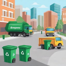 Illustrate a cityscape with a focus on waste management