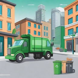 Illustrate a cityscape with a focus on waste management