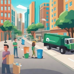 Illustrate a cityscape with a focus on waste management