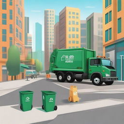 Illustrate a cityscape with a focus on waste management