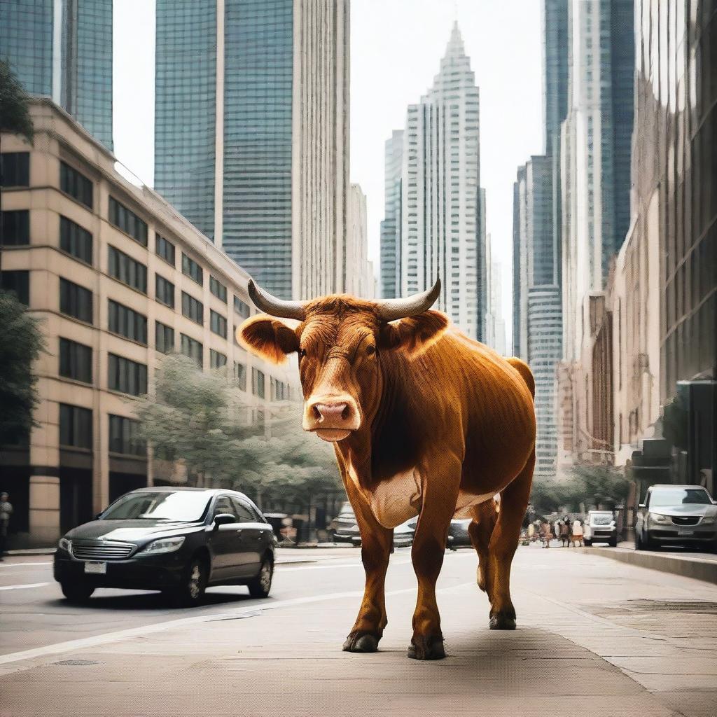 A cow or a bull wandering in an urban environment, surrounded by tall buildings and bustling city life.