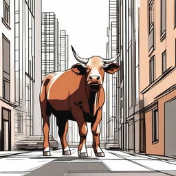 A cow or a bull wandering in an urban environment, surrounded by tall buildings and bustling city life.