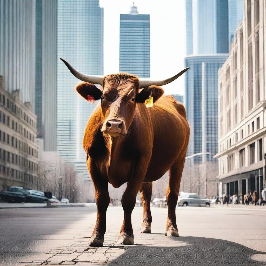 A cow or a bull wandering in an urban environment, surrounded by tall buildings and bustling city life.