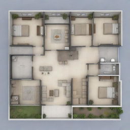 Architectural blueprint of a spacious 3BHK (Bedroom, Hall, Kitchen) apartment including large living areas, bedrooms with attached bathrooms, and a well-designed kitchen.