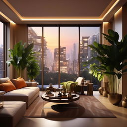 Photorealistic design of a luxurious, modern living room with an urban view, vibrant lush indoor plants, sleek furniture, and warm inviting lighting.