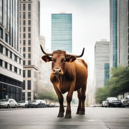 A cow or a bull wandering in an urban environment, surrounded by tall buildings and bustling city life.