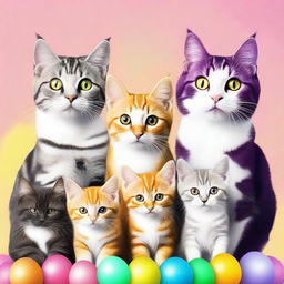 Generate an image of playful and adorable cats in a vibrant environment