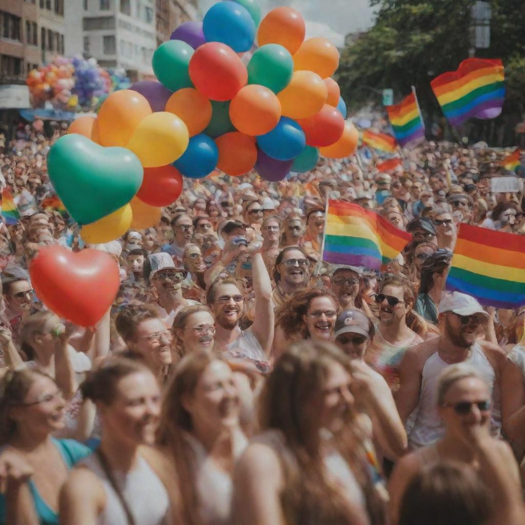 A vibrant pride parade with rainbows, balloons, and joyful people celebrating love and unity