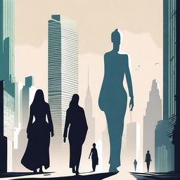 Create an image of giantesses walking through a cityscape, their towering figures dwarfing the skyscrapers around them