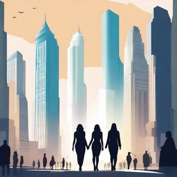 Create an image of giantesses walking through a cityscape, their towering figures dwarfing the skyscrapers around them