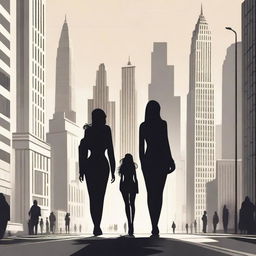 Create an image of giantesses walking through a cityscape, their towering figures dwarfing the skyscrapers around them