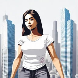 Create an image of a giantess wearing a simple white T-shirt