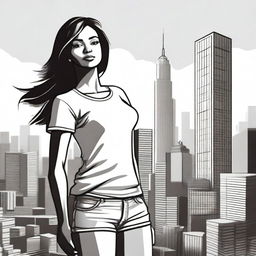 Create an image of a giantess wearing a simple white T-shirt