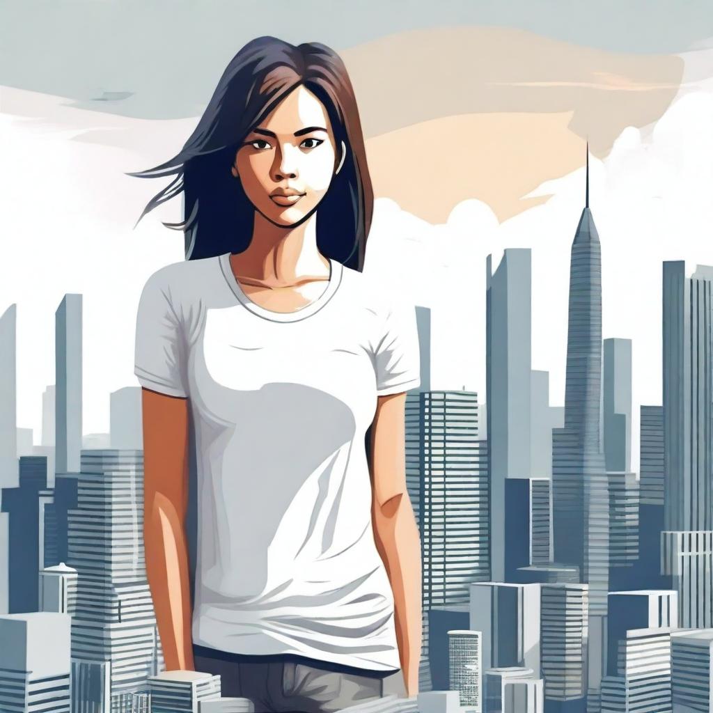 Create an image of a giantess wearing a simple white T-shirt