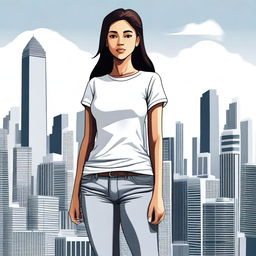 Create an image of a giantess wearing a simple white T-shirt