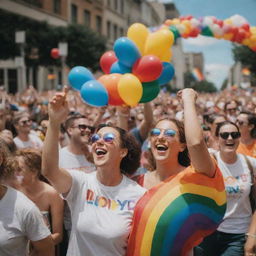 A vibrant pride parade with rainbows, balloons, and joyful people celebrating love and unity