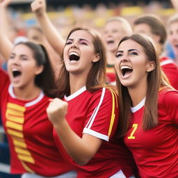 A group of enthusiastic soccer fan girls in their team's colors, cheering in the stands