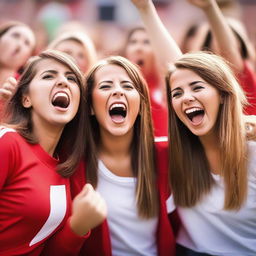 A group of enthusiastic soccer fan girls in their team's colors, cheering in the stands