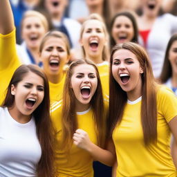 A group of enthusiastic soccer fan girls in their team's colors, cheering in the stands