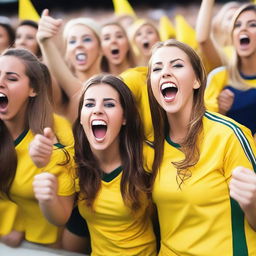 A group of enthusiastic soccer fan girls in their team's colors, cheering in the stands