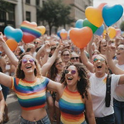 A vibrant pride parade with rainbows, balloons, and joyful people celebrating love and unity