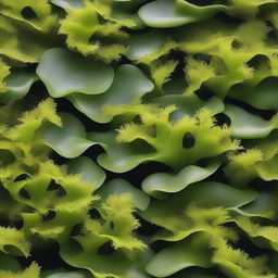 Create a 29x42 sized image of a background filled with various types of seaweed, using only shades of green